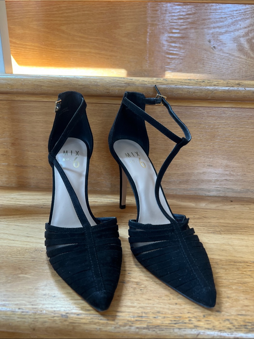 Mix No. 6 Black Suede Pointed-Toe Strappy Ankle-Heels